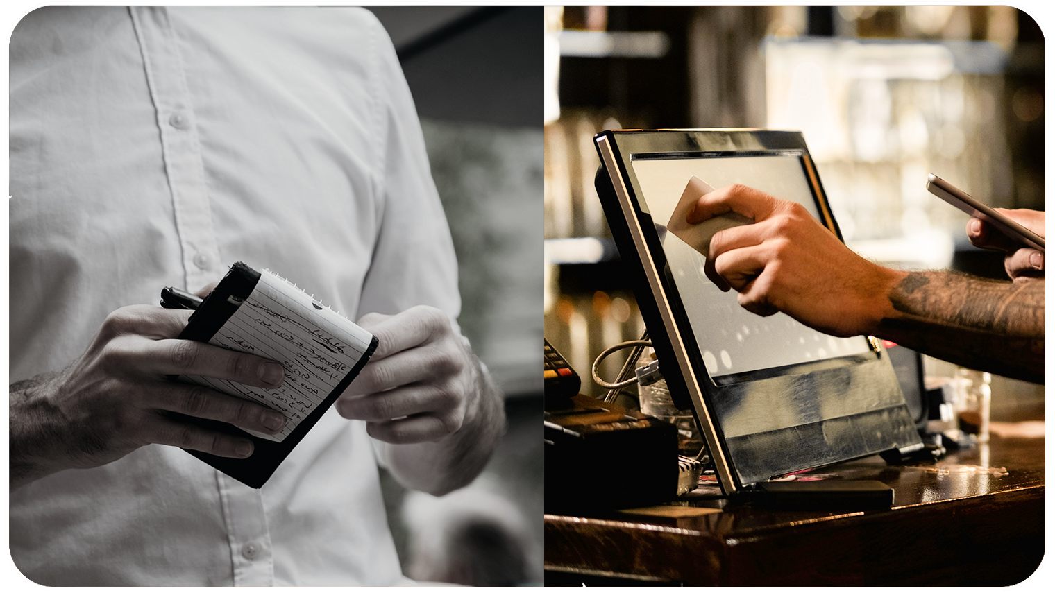 Program POS dla gastronomii niweluje pomyłki. Po lewej stronie obrazka na czarno biało widać kelnera z pokreśloną długopisem kartką. Po prawej stronie w kolorze system POS i ręka, która go obsługuje